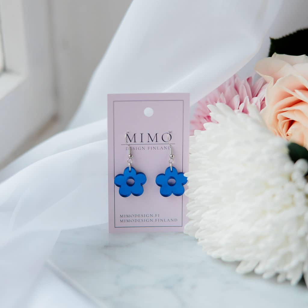 Kukkakorvakoru-sininen-peiliakryyli-roikkuvakorvakoru.